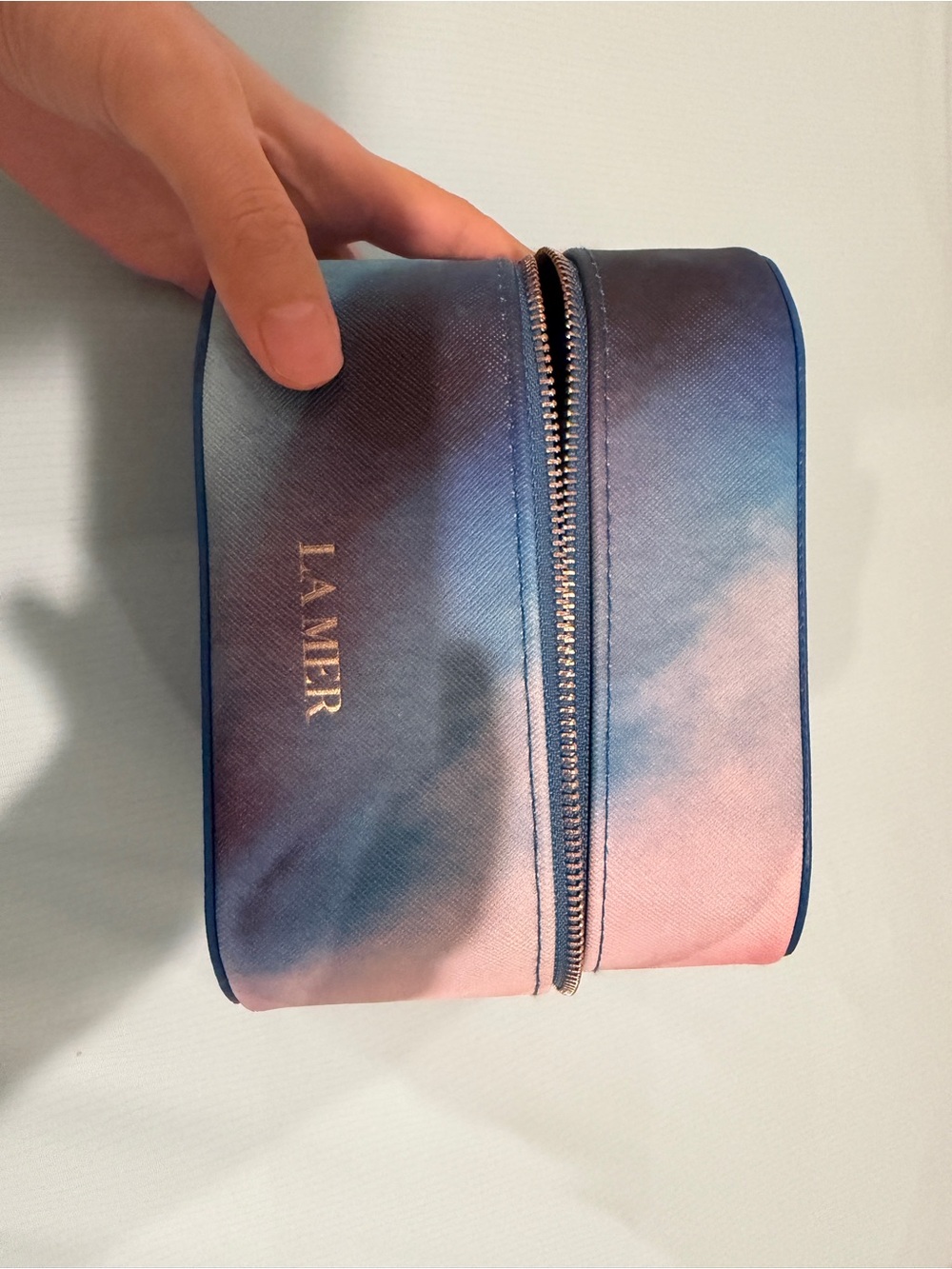 La Mer Blue and Pink Ombre Cosmetic Pouch with Gold Zip